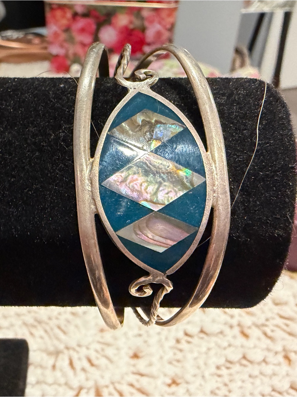 Alpaca Silver Blue Mother-of-Pearl Inlay Silver-Tone Cuff Bracelet